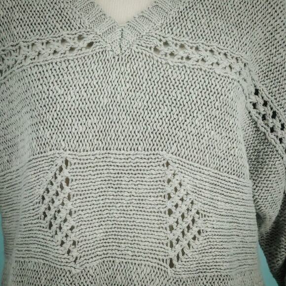 Garnet Hill Size Medium M Gray Pointelle V Neck 3/4 Sleeve Cotton Linen Sweater - Picture 2 of 7
